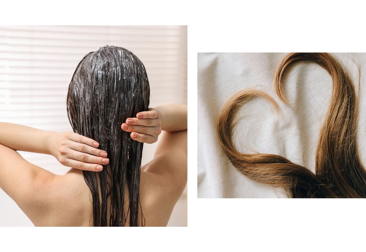 Rückansicht einer Frau, die eine pflegende Haarmaske in ihr nasses Haar einmassiert. Daneben eine Detailaufnahme von braunem Haar, das auf einem hellen Stoff in Form eines Herzens drapiert ist.