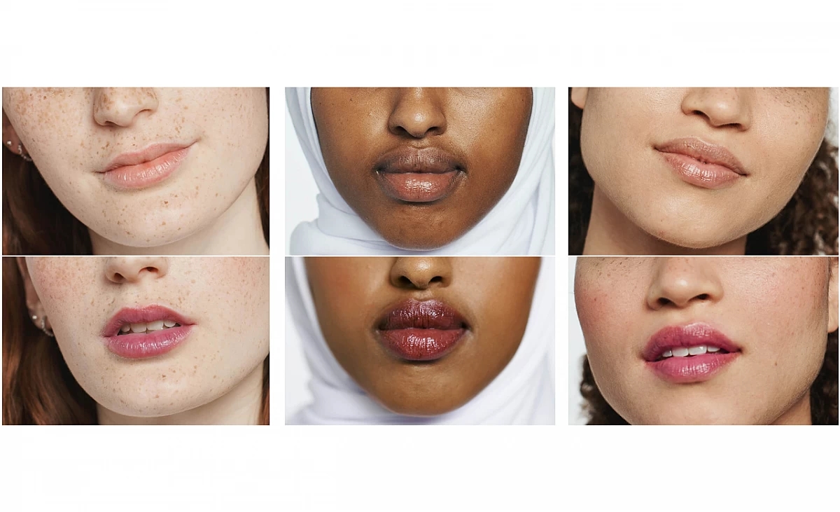 Vorher/Nachher Ergebnisse des Clinique Black Honey Almost Lipsticks auf verschiedenen Hauttönen